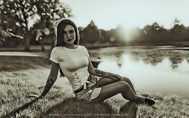 Обои картинки фото календари, компьютерный дизайн, водоем, девушка, растение, сидеть, природа, тату