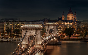 Картинка города будапешт+ венгрия река мост вечер огни