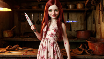 Картинка мика +по+книге+“дингир” 3д+графика ужас+ horror девушка рыжие волосы зелёные глаза нож кровь мрачный арт ужасы опасность киноплакат книжный персонаж персонажи из книг красивая злодейка