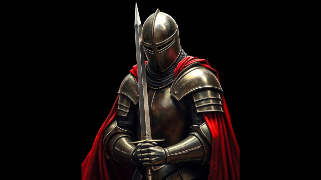 Обои картинки фото фэнтези, люди, рыцарь, доспехи, плащ, меч