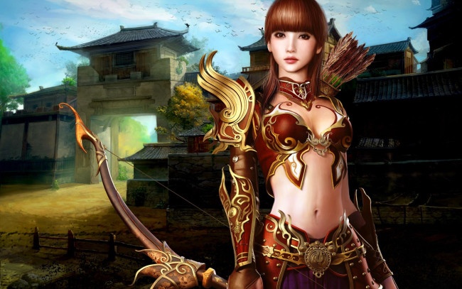 Обои картинки фото видео игры, red cliff, девушка, наряд, стрелы, лук, крепость