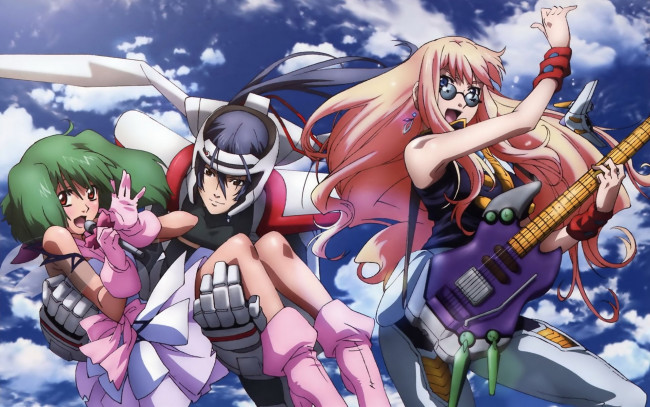 Обои картинки фото аниме, macross, frontier, девушки, гитара