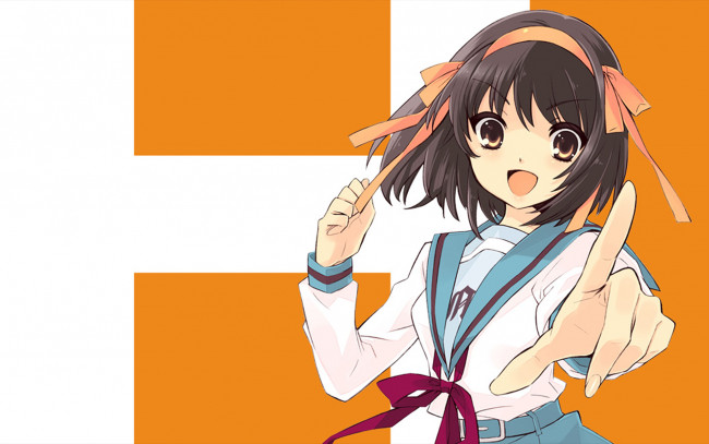 Обои картинки фото аниме, the, melancholy, of, haruhi, suzumiya, девушка, бантики
