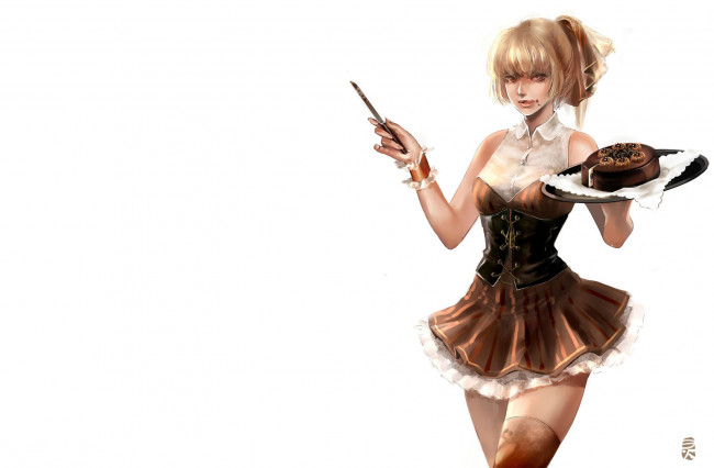 Обои картинки фото девушка, тортом, рисованные, люди, шоколад, торт, блондинка, готовка, короткая, юбка