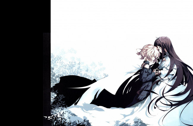 Обои картинки фото девушки, аниме, *unknown, другое, юри, блондинка, брюнетка, длинные, волосы, пышное, платье