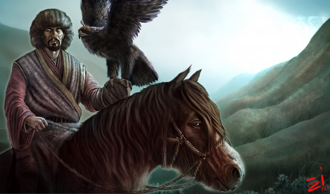 Обои картинки фото фэнтези, люди, орел, лошадь, горы