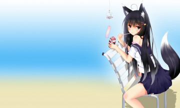 Картинка аниме животные +существа фон взгляд девушка