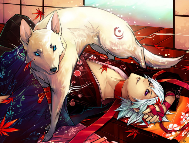 Обои картинки фото аниме, животные,  существа, животное, парень