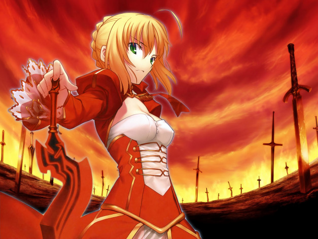 Обои картинки фото fate extra, аниме, fate, stay night, фон, взгляд, девушка