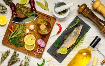 Картинка еда рыба +морепродукты +суши +роллы lemon лимон fish перец масло доска лук pepper spices специи