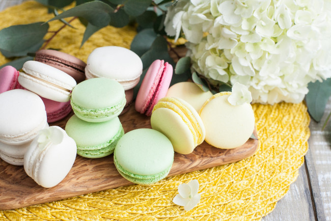 Обои картинки фото еда, макаруны, пирожное, сладость, цветок, ягоды