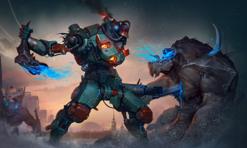 Картинка фэнтези роботы +киборги +механизмы jaeger pacific rim робот река kaiju битва