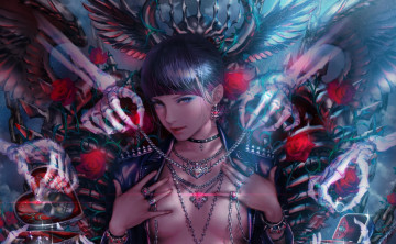 Картинка фэнтези красавицы+и+чудовища цветы взгляд скелет цепи арт розы череп эротика девушка грудь