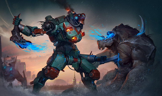 Обои картинки фото фэнтези, роботы,  киборги,  механизмы, jaeger, pacific, rim, робот, река, kaiju, битва