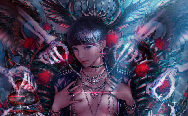 Обои картинки фото фэнтези, красавицы и чудовища, цветы, взгляд, скелет, цепи, арт, розы, череп, эротика, девушка, грудь