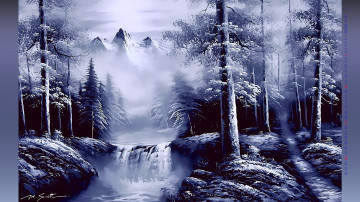 Картинка календари рисованные +векторная+графика гора снег водопад лес скала вершина природа дерево 2019 calendar