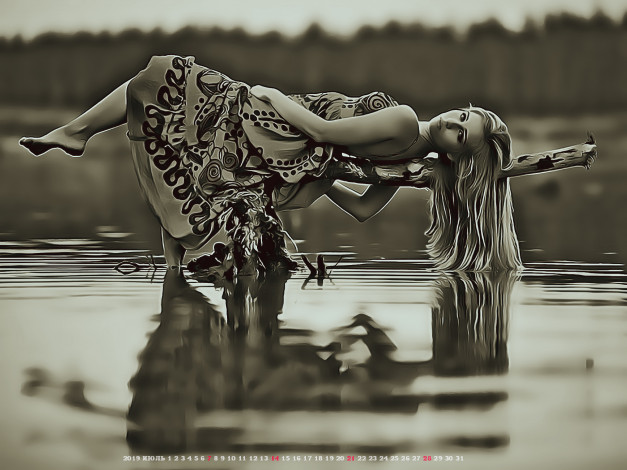 Обои картинки фото календари, компьютерный дизайн, водоем, девушка, лежать, природа, женщина, calendar, 2019