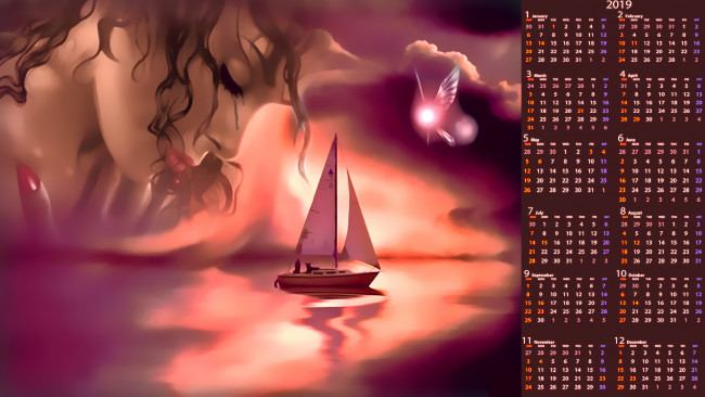 Обои картинки фото календари, рисованные,  векторная графика, водоем, яхта, парус, 2019, calendar, лицо, женщина, девушка, образ