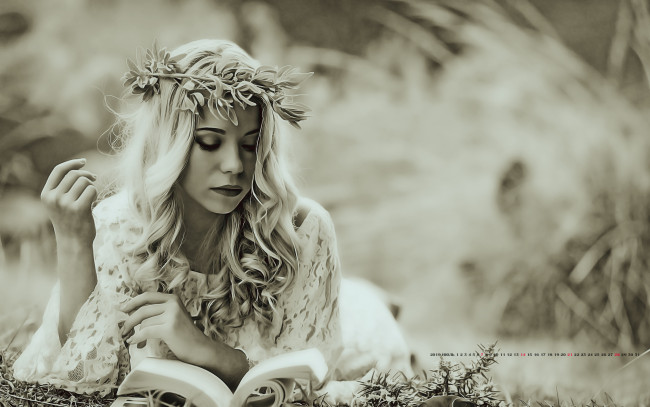 Обои картинки фото календари, компьютерный дизайн, 2019, книга, девушка, венок, женщина, calendar