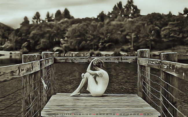 Обои картинки фото календари, компьютерный дизайн, водоем, 2019, calendar, женщина, природа, дерево, девушка, причал