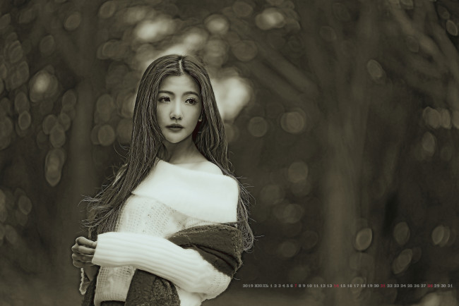Обои картинки фото календари, компьютерный дизайн, 2019, calendar, девушка, азиатка, свитер, женщина