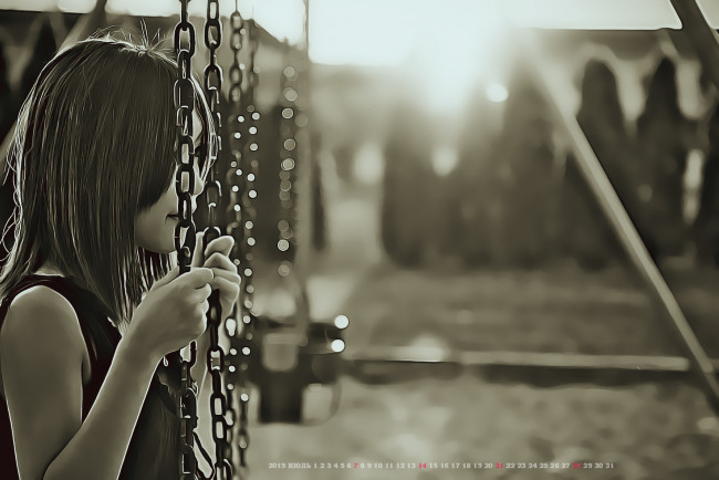 Обои картинки фото календари, компьютерный дизайн, качели, женщина, calendar, 2019, цепь, профиль, девушка, азиатка