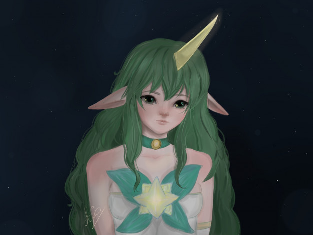 Обои картинки фото видео игры, league of legends, soraka, рог, ушки, цветок