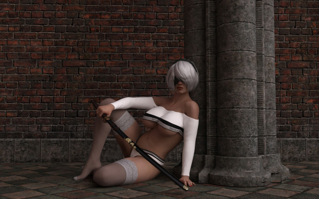 Обои картинки фото видео игры, nier,  automata, девушка, фон, маска, меч, чулки