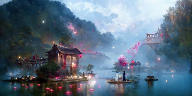 Обои картинки фото рисованное, кино,  мультфильмы, вэй, усянь, лань, ванцзи, лодка, озеро