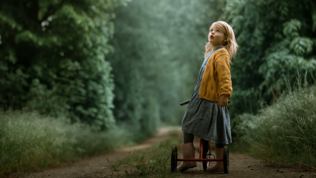 Обои картинки фото разное, дети, девочка, велосипед, лес, дорога