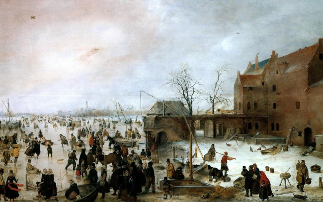 Обои картинки фото avercamp, hendrick, на, льду, городских, стен, рисованные