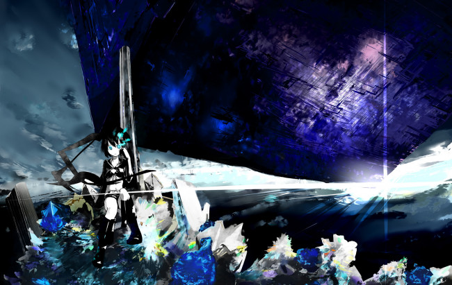 Обои картинки фото аниме, black, rock, shooter, девушка, небо, глаза