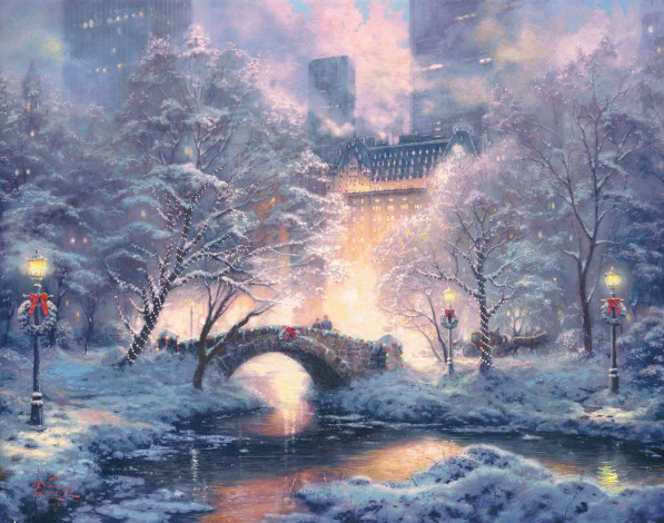 Обои картинки фото рисованные, thomas, kinkade, нью-йорк, центральный, парк, деревья, мост