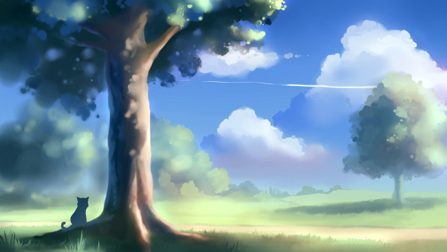 Обои картинки фото рисованные, животные, коты, кот, дерево