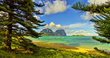 Картинка mount lidgbird gower and rabbit island природа побережье океан бухта горы пляж деревья яхты