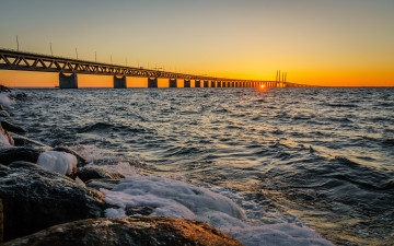 Картинка oresund bridge bunkeflostrand sweden природа восходы закаты strait пролив эресунн эресуннский мост швеция закат