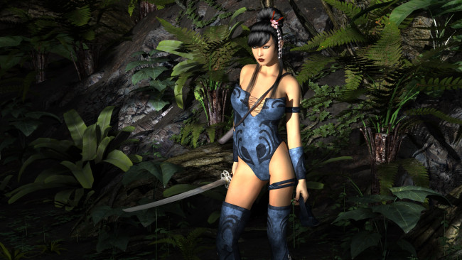 Обои картинки фото 3д, графика, amazon, амазонки, девушка, меч, лес