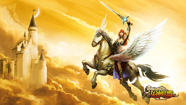 Обои картинки фото goddess, alliance, видео, игры, меч, пегас, замок, девушка