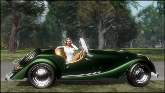 Обои картинки фото рисованные, люди, девушка, лес, автомобиль