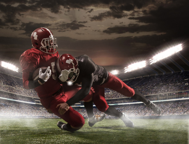 Обои картинки фото спорт, американский футбол, двое, освещение, стадион