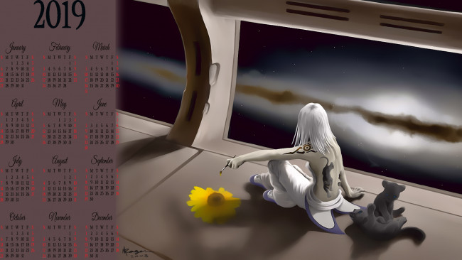 Обои картинки фото календари, фэнтези, 2019, calendar, сидит, животное, девушка