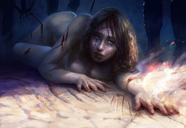 Обои картинки фото фэнтези, вампиры, девушка, зубы, фон