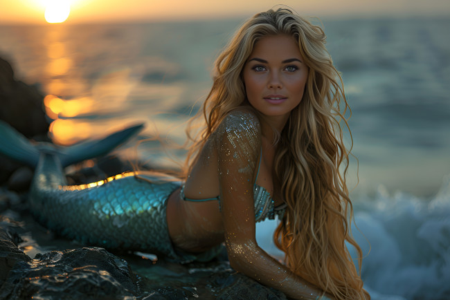 Обои картинки фото бестия, 3д графика, фантазия , fantasy, девушка, взгляд, русалка, рассвет, волосы, хвост, цифровое, искусство, ии-арт, искусственного, интеллекта, нейросеть