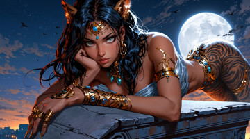 Картинка фэнтези девушки девушка ушки украшения луна город