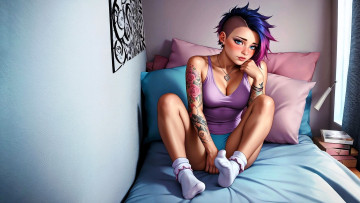 Картинка рисованное люди девушка тату майка белье носки постель