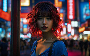 обоя 3д графика, портреты и лица , portraits and faсes, девушка, лицо, город, огни, реклама