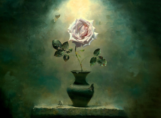 Обои картинки фото рисованное, алексей антонов, роза, ваза, полка