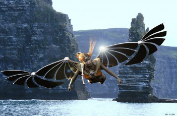 Картинка 3д графика fantasy фантазия вода девушка полёт скалы