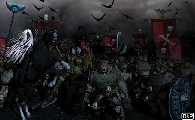 Обои картинки фото 3д, графика, fantasy, фантазия, щит, вороны, конь, магия, посох, доспехи, война, орки