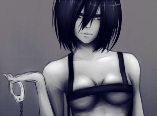 Картинка рисованные люди брюнетка наручники грудь mikasa+ackerman вторжение+гигантов